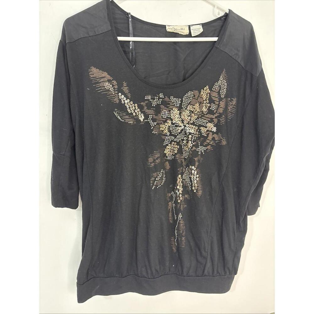 Miss‎ Me Shirt Women’s Sz S Black Asymmetrical V-Neck Glitter Sequins Rock Y2K